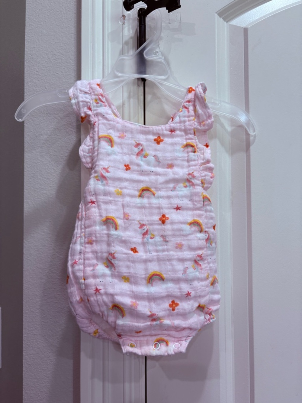 Nola Tawk light pink with unicorns & rainbows bubble 6-12 months Organic Cotton